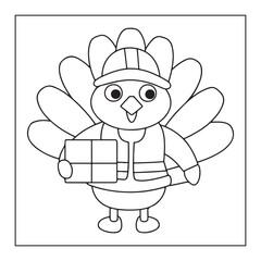 Cute Cartoon Turkey Wearing Hard Hat and Vest Holding Gift Box Coloring Page character bird