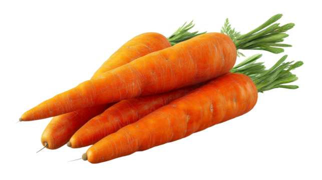 Group of four fresh orange carrots with green leafy tops, cut out transparent
