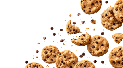 Scattered Chocolate Chip Cookies and Chips on White, cut out transparent