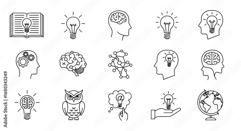 Aufkleber light bulb brain head idea and knowledge icons in black outline style representing creativity intell