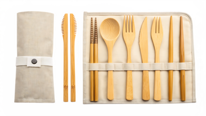 Bamboo cutlery set with pouch transparent background