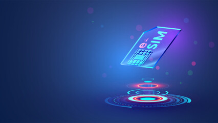 Esim icon hanging in the air 3d cyberspace. Digital virtual electronic sim card over hud digital podium. Futuristic glass mobile communication chip. eSIM mobile technology. Circular virtual interface.