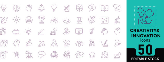 creativity and innovation icon set featuring ideas, brainstorming, lightbulb, concepts, strategy, design, thinking, imagination, and problem-solving symbols.b, apps, and business projects.