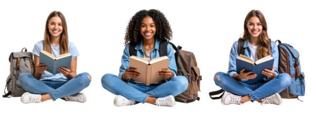 Transparent PNG Set of Young Woman Sitting Cross-Legged with Book and Backpack Beside Her,