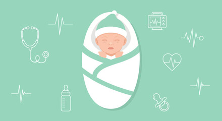 Adorable Newborn Wrapped in Swaddling with Medical Icons and Modern Digital Artwork