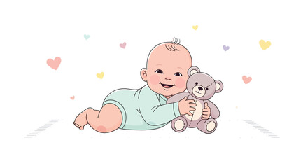 Adorable baby cuddling a teddy bear with hearts, perfect for children's related projects