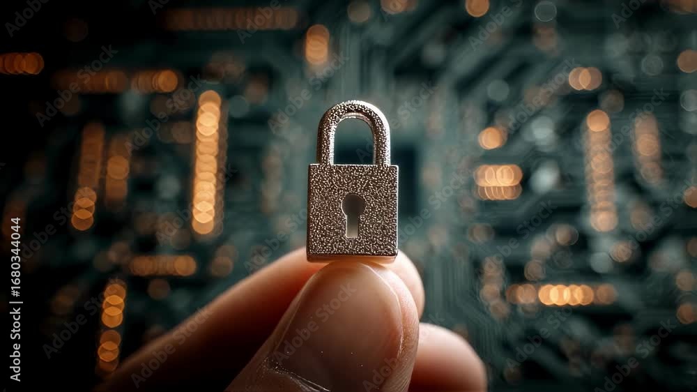 Poster focused shot of a padlockshaped usb device held in hand against an outoffocus backdrop of circuit bo