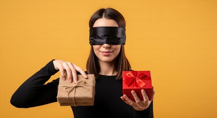 A Touch of Wonder: A Blindfolded Woman with a Serene Smile Explores the Textures of Two Different Gifts.