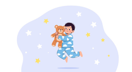Adorable young boy in pajamas hugging a teddy bear on a whimsical background