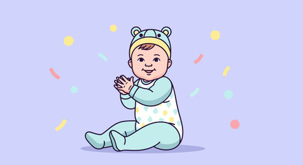 Adorable baby in a cute animal outfit clapping hands, sitting smiling, on purple background