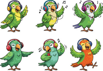 Colorful cartoon parrots listening to music, cute birds with headphones, dancing, singing, joyful characters, fun tropical vector art