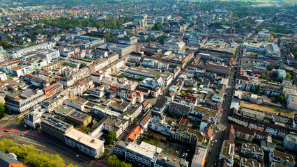 Aerial view around the old town of the city Darmstadt, Germany on a sunny spring morning
