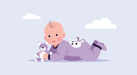 Fototapeta premium Adorable baby lying on stomach with teddy bear toy and cute cartoon graphics