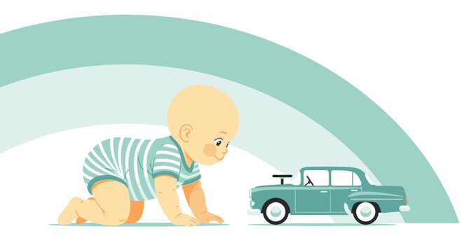 Adorable baby observing a classic car, depicting concept of childhood and play