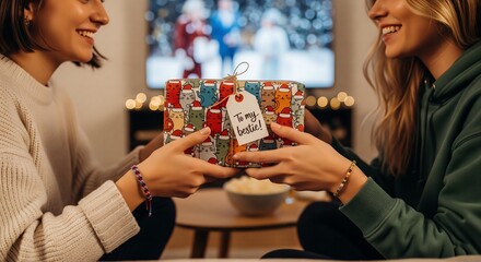 Fototapeta premium Holiday Comforts: Two Friends Exchange a Gift While Enjoying a Classic Christmas Movie on a Cozy Sofa.