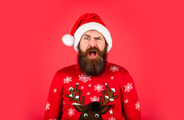 Cozy winter wishes. Dashing Through the Snow. Bearded man santa hat. Emotional brutal hipster...