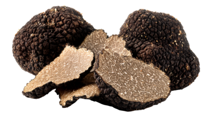 Whole Black Truffles and Sliced Black Truffles on Transparent, cut out transparent