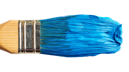 Close-up of paint brush with vibrant blue paint, cut out transparent