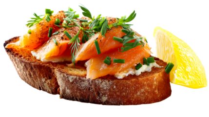 Gourmet open faced sandwich with smoked salmon and herbs on toasted bread, cut out transparent