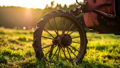 Vintage tractor wheel in a grassy field at sunset