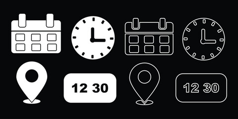 Vector art of vector illustration of a clock calendar and location icon representing time management and scheduling for appointments and reminders