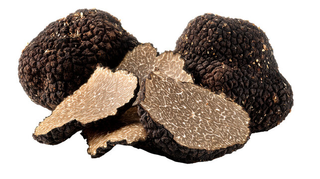 Whole Black Truffles and Sliced Black Truffles on Transparent, cut out transparent