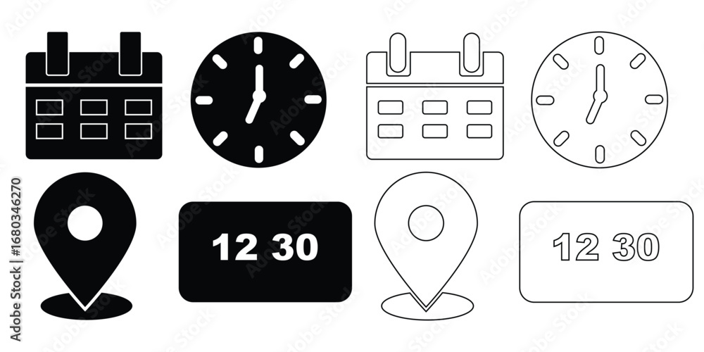 Poster address. time, and date icon vector. event elements isolated on transparent background. clock, pin m