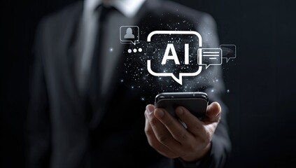 Businessman holds phone, AI concept displayed