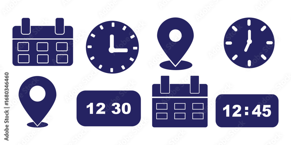 Poster address. time, and date icon vector. event elements isolated on transparent background. clock, pin m