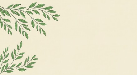 Naklejka premium Delicate green foliage sprigs decorate a soft beige background, creating a tranquil and natural aesthetic.