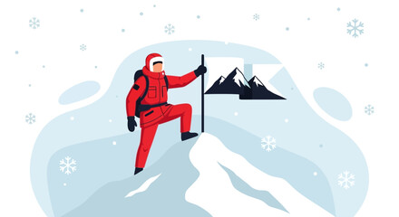 Obraz premium Adventurer Climbs Snowy Summit, Achieving Mountain Peak, Winter Hiking, Cold Weather