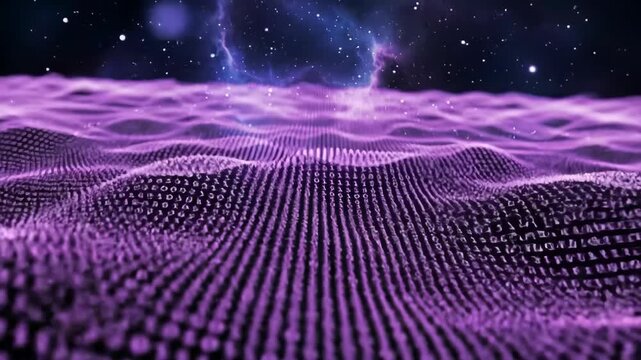 Digital landscape with binary code and starry cosmic background