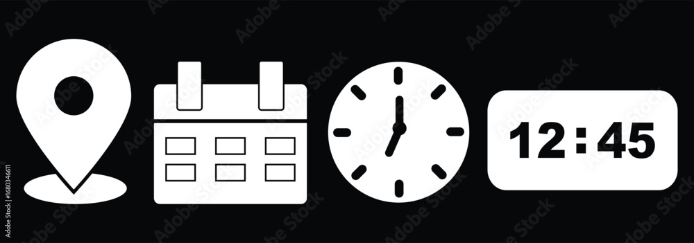 Poster time, date and address or location icons. time, date and address vector collection. calendar, clock 
