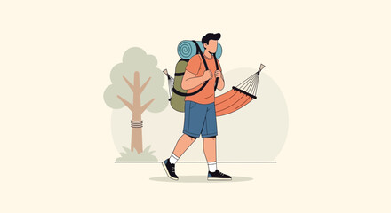 Obraz premium Adventurer Embarking, Carrying Backpack, Approaching Hammock, Nature Scene, Outdoor Escape