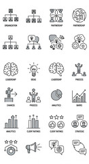 Organization partnership leadership ideas process analytics client ratings and strategic concepts are illustrated with simple line icons conveying teamwork growth and business success