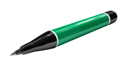 Sharp green marker with black tip and cap lies on a white surface, cut out transparent