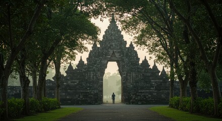 Fototapeta premium Ancient Indonesian gate framed by trees at sunrise, a traveler pauses at Borobudur temple complex