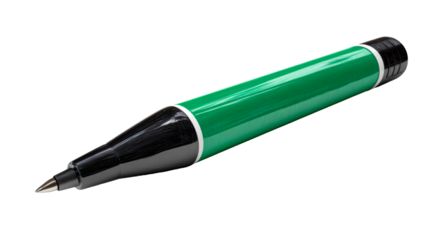 Sharp green marker with black tip and cap lies on a white surface, cut out transparent
