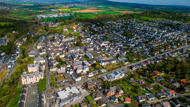 Aerial view around the old town of the city Hadamar, Germany on a cloudy spring day