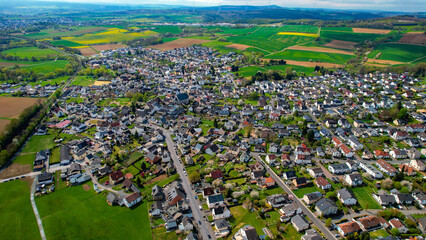 Aerial view around the old town of the city Hadamar, Germany on a cloudy spring day