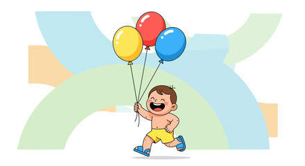 Adorable cartoon illustration of a child running with colorful balloons for happiness