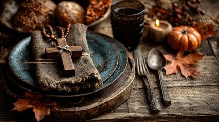 Thanksgiving Table Setting: A rustic Thanksgiving table setting, adorned with a cross, invites a sense of solemnity and thankfulness, setting the scene for a reflective holiday gathering.Generative Ai