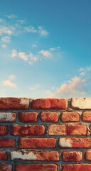 Red brick wall against a vivid blue sky with scattered clouds