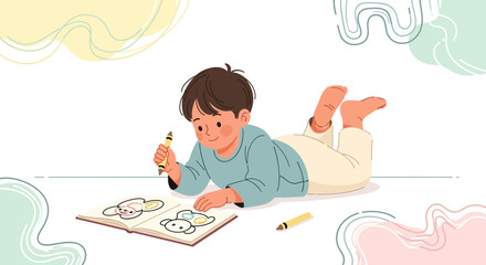 Adorable child lying down coloring pictures with crayons illustration vector art
