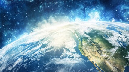 Earth glows from space, with atmosphere and blue nebulous starfield