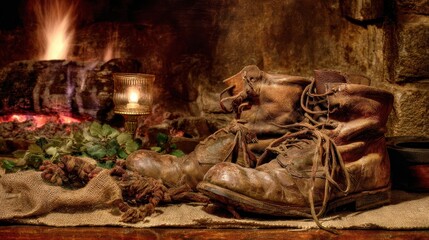 A pair of worn leather work boots rest by a crackling fireplace, bathed in warm, inviting light.