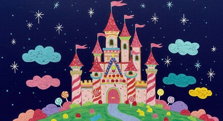 Fototapeta premium A whimsical candy-coated castle stands against a night sky, adorned with colorful clouds and sparkling stars.