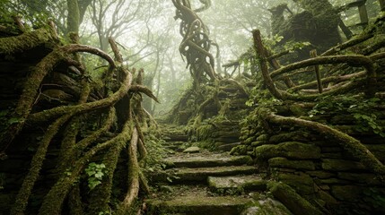 A mossy pathway winds through a mystical forest, overgrown with ancient roots and stone walls.