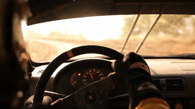 Rally Driver's First-Person Perspective - A close-up, first-person view from inside a rally car shows a driver's gloved hands gripping the steering wheel.