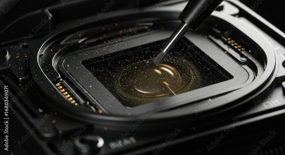 Poster close-up view of a precision cleaning tool delicately removing particles from a complex camera senso